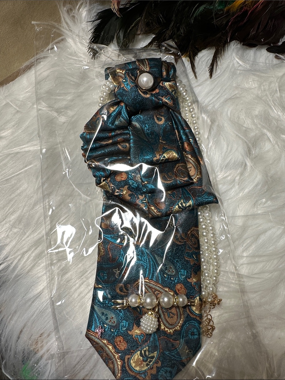 Silk Teal Paisley Necklace Tie with Pearl Accent
